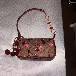 Coach Brown Signature Mini Bag with Pink Cherry Print